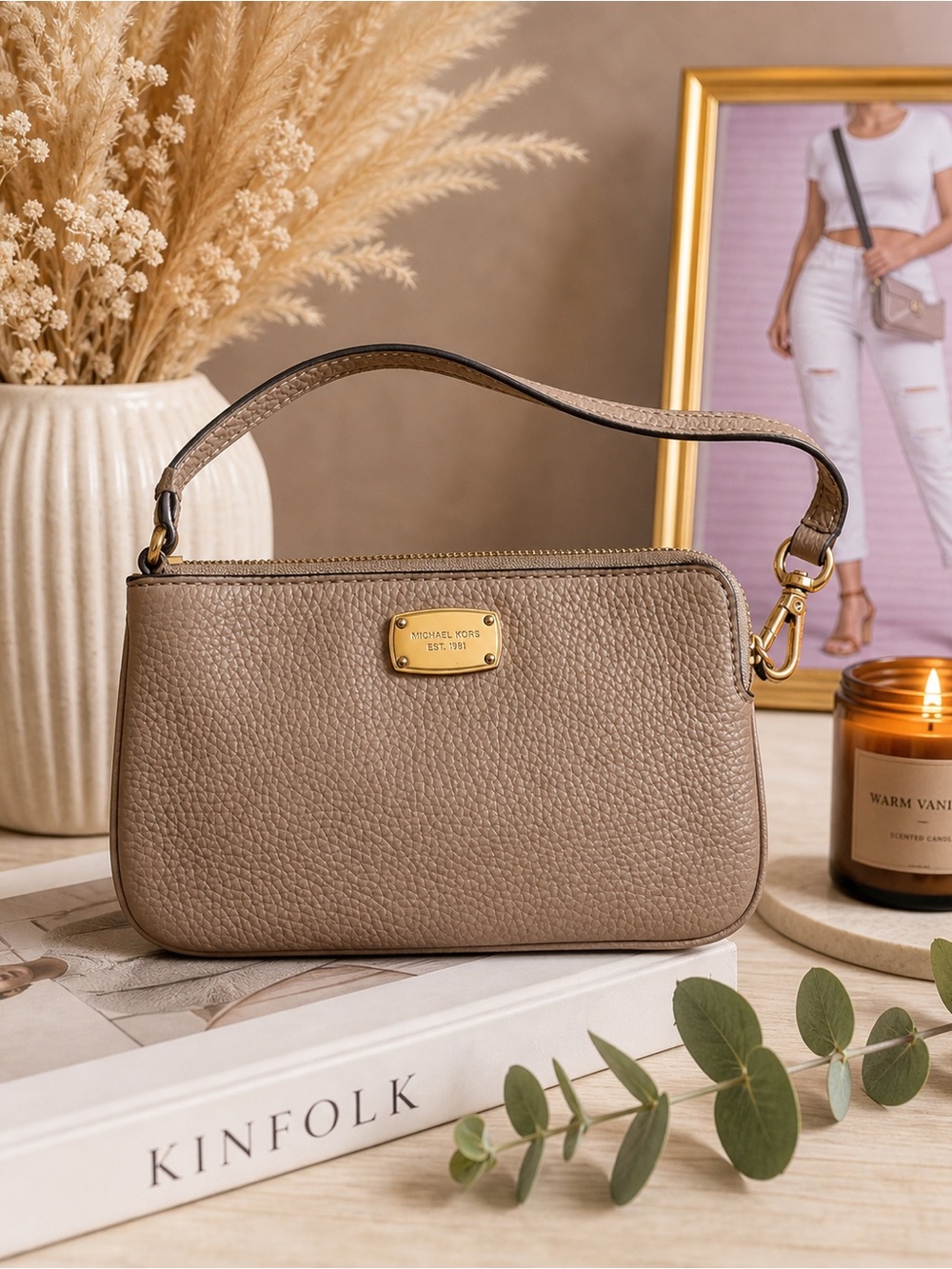 Michael Kors Tan Pebbled Leather Wristlet Clutch Zip Pouch